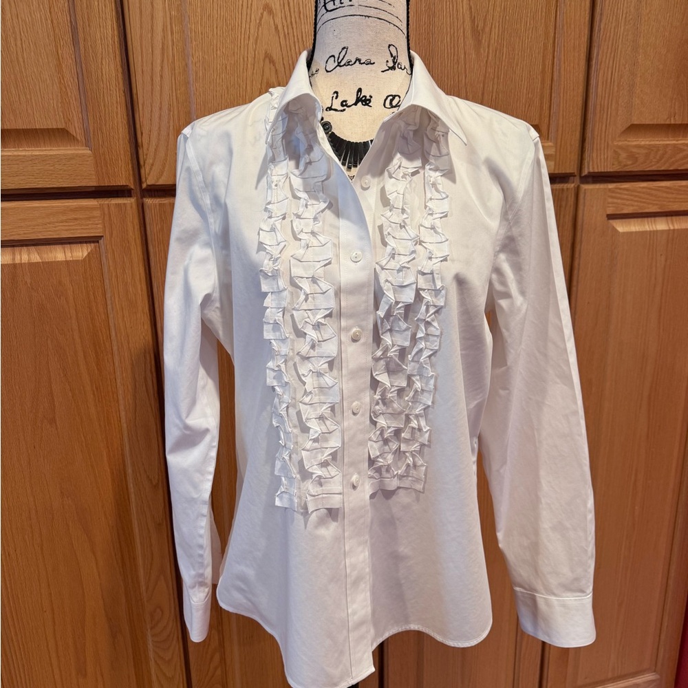 Foxcroft crisp white no-iron ruffle front shirt